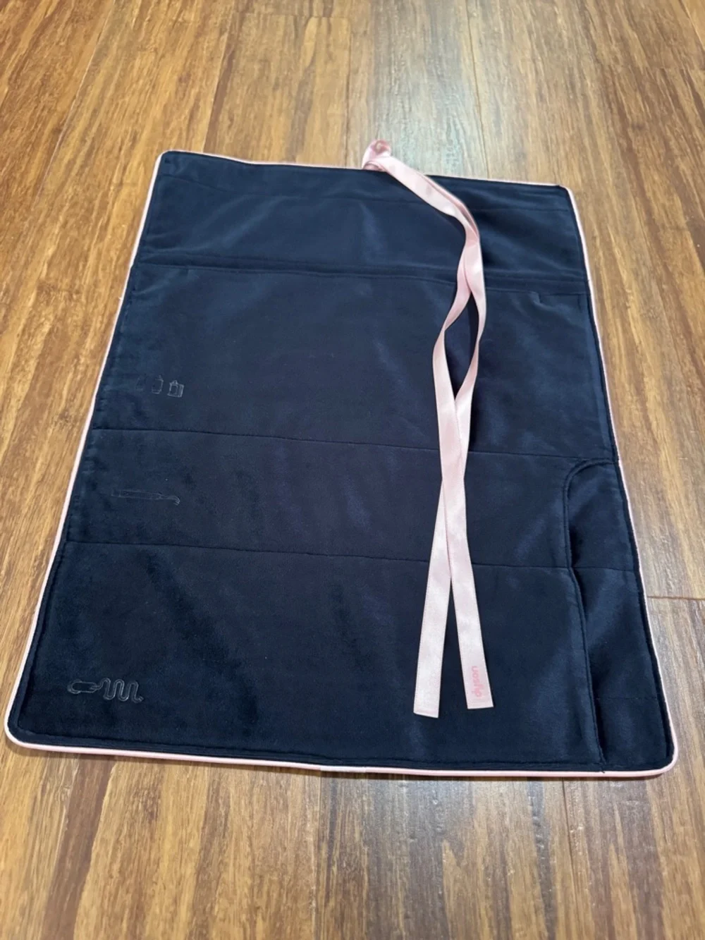 Dyson Velvet Folding Makeup Bag, Travel bag Black/Pink Trim, Pockets 16x12x1 in